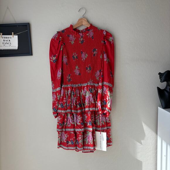 NWT Alix of Bohemia Dress Floral Red Selma Carmine Smocked Long Sleeve Dress XS - Picture 2 of 9